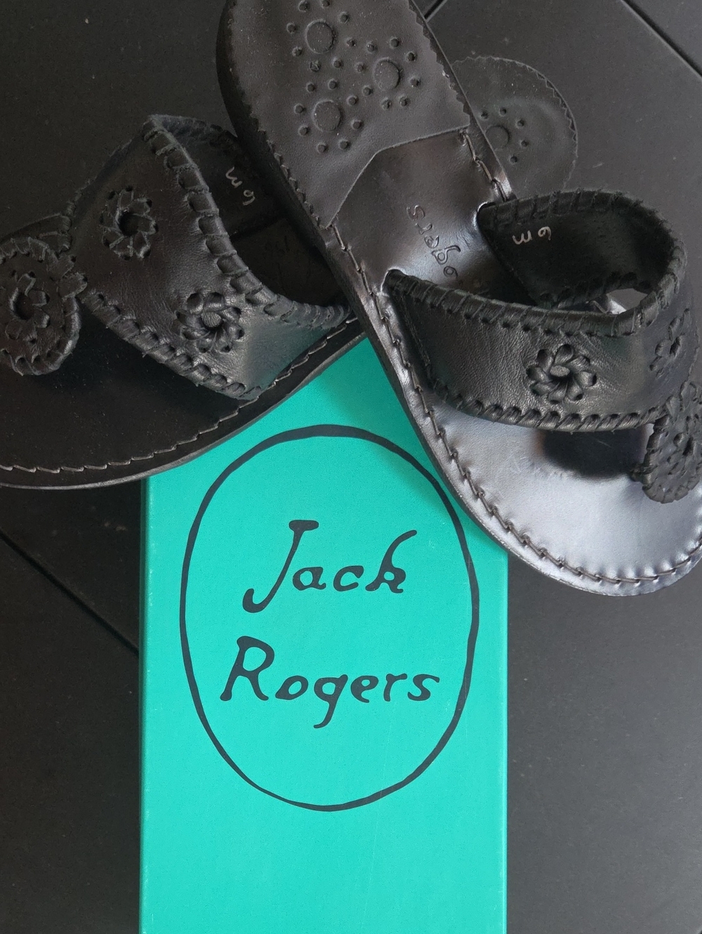 Jack Rogers Womens Black Leather Whipstitch Sandals